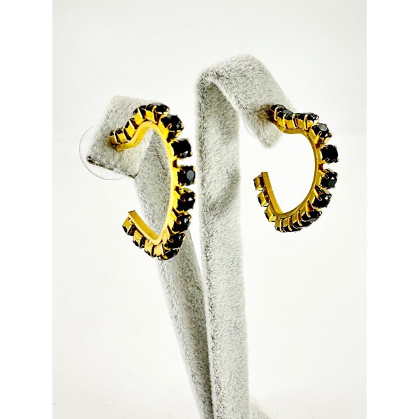 Gold Siyah Taşlı Kalp Detaylı Küpe